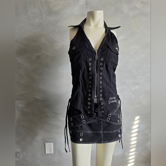 Vtg Harley-Davidson Womens M Corset Halter Lace Up Zip Embroidered Top Y2K - Picture 2 of 15